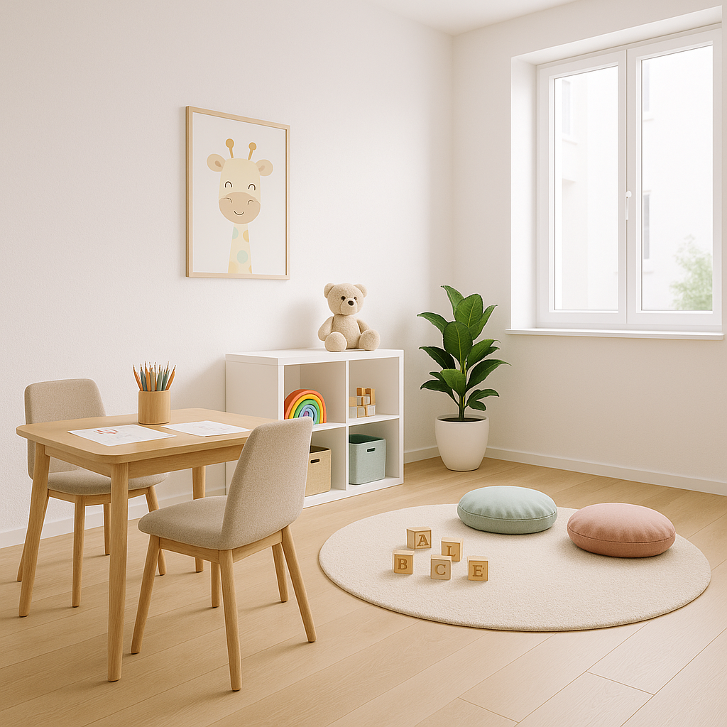 Heller, freundlicher Therapieraum mit Holzmöbeln